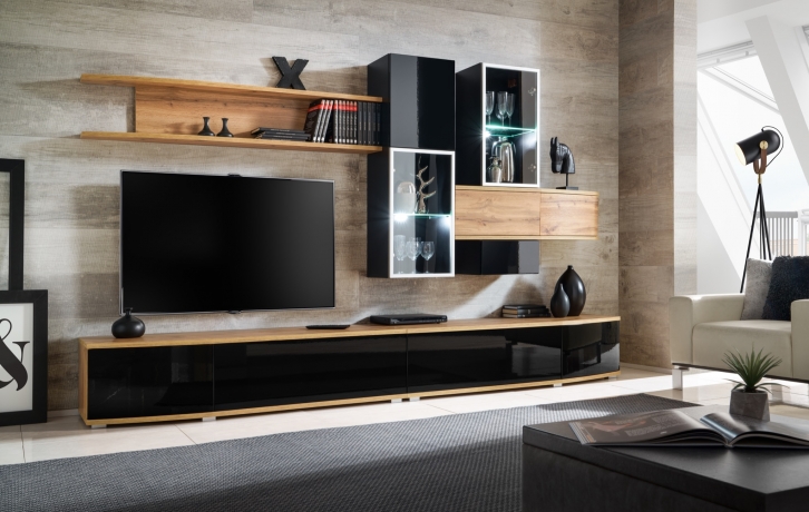 Sekcija Glossy Furniture 1 WOTAN-BLACK MAT / GLOSS + LED